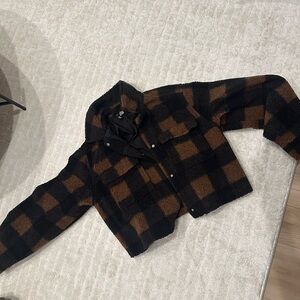 H&M Black and Brown Plaid Sherpa Jacket